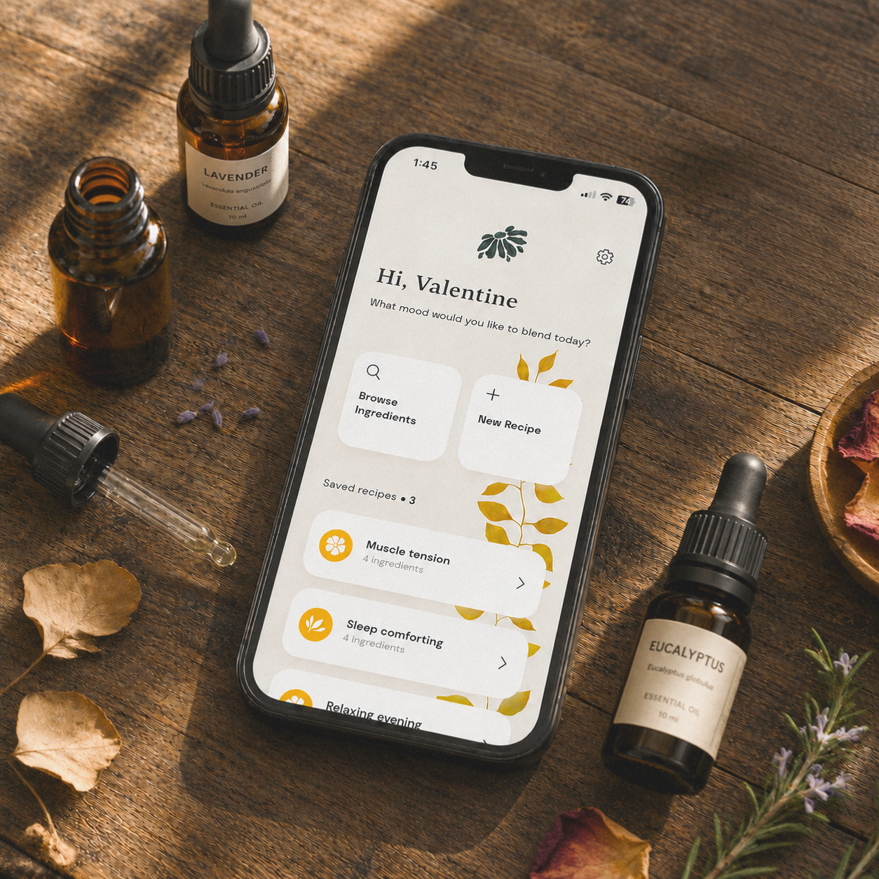 Essential Blend open on an iPhone, showing saved blend recipes
