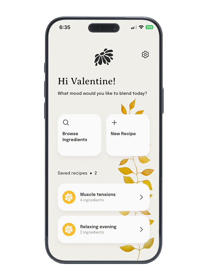The Essential Blend home screen with saved recipes