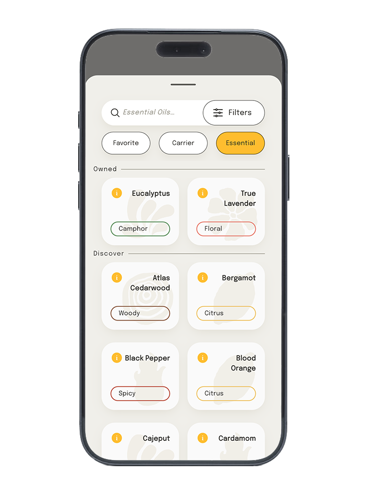 The oil library, filtered by essential oils
