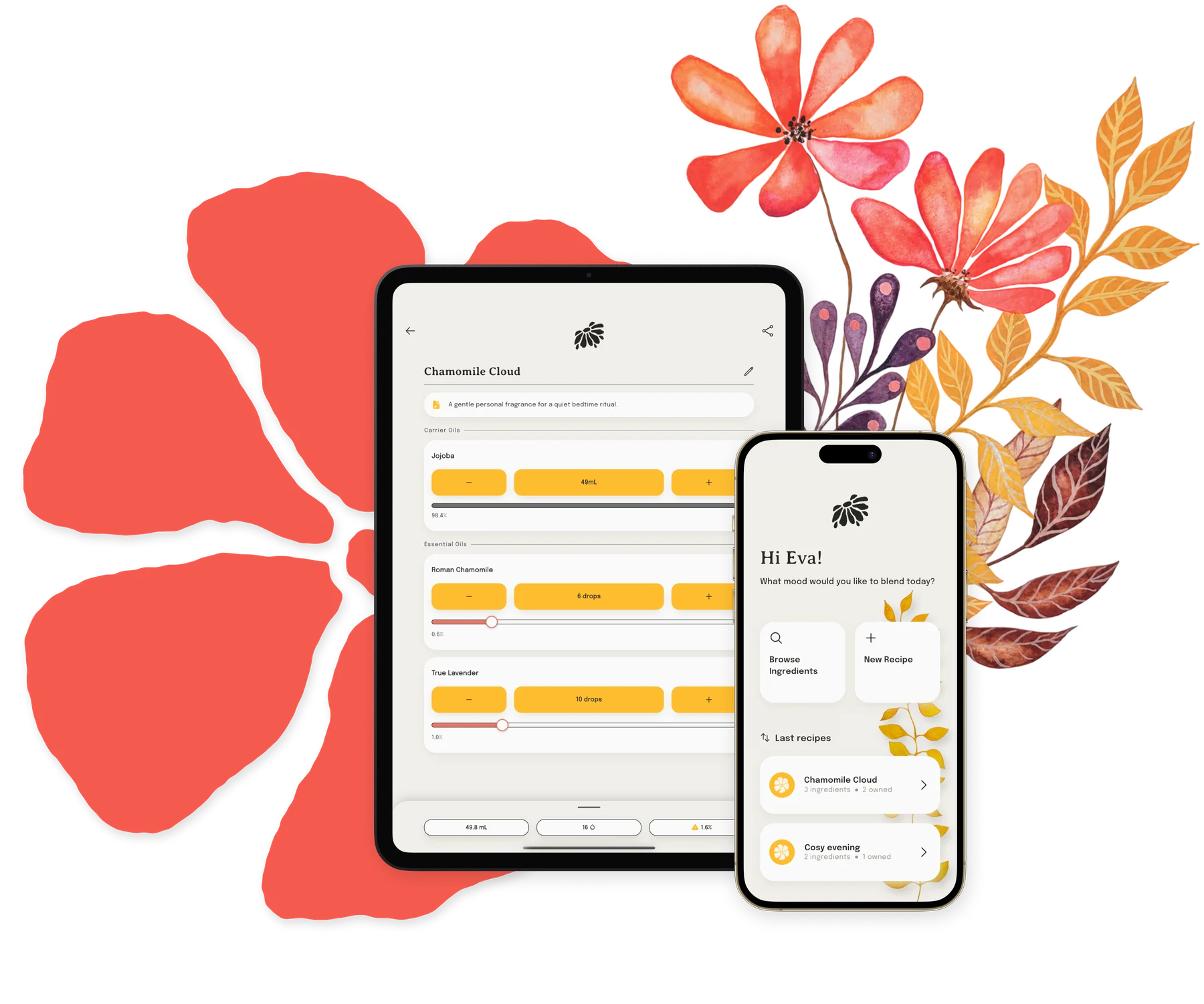 Essential Blend open on an iPhone, beside bottles of essential oil