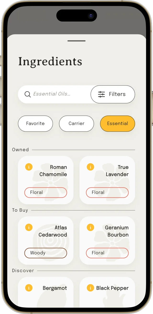 The Owned, To-buy and Favorites ingredient lists