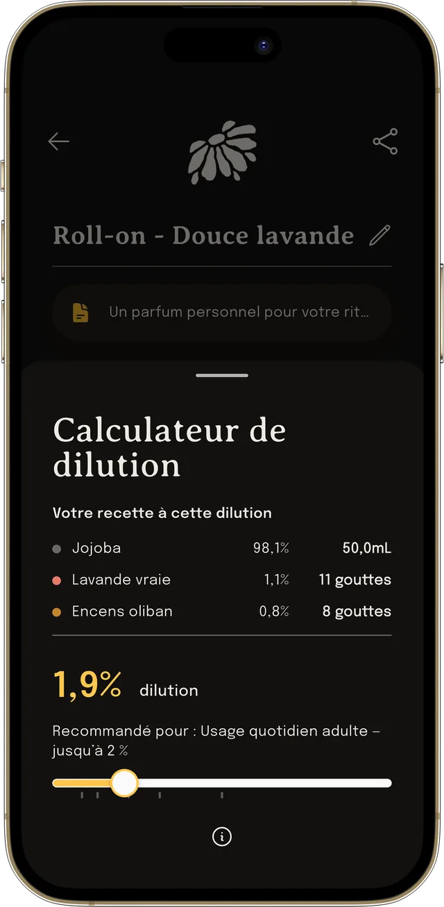 Le calculateur de dilution réglé sur un pourcentage