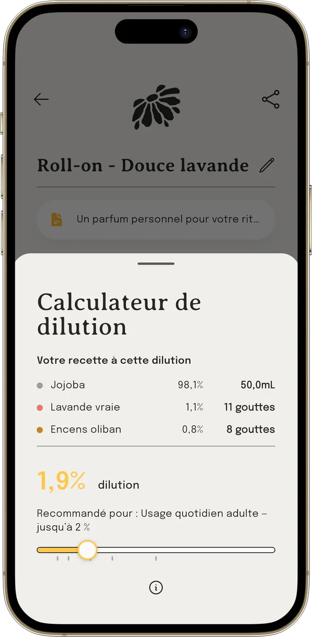 Le calculateur de dilution réglé sur un pourcentage