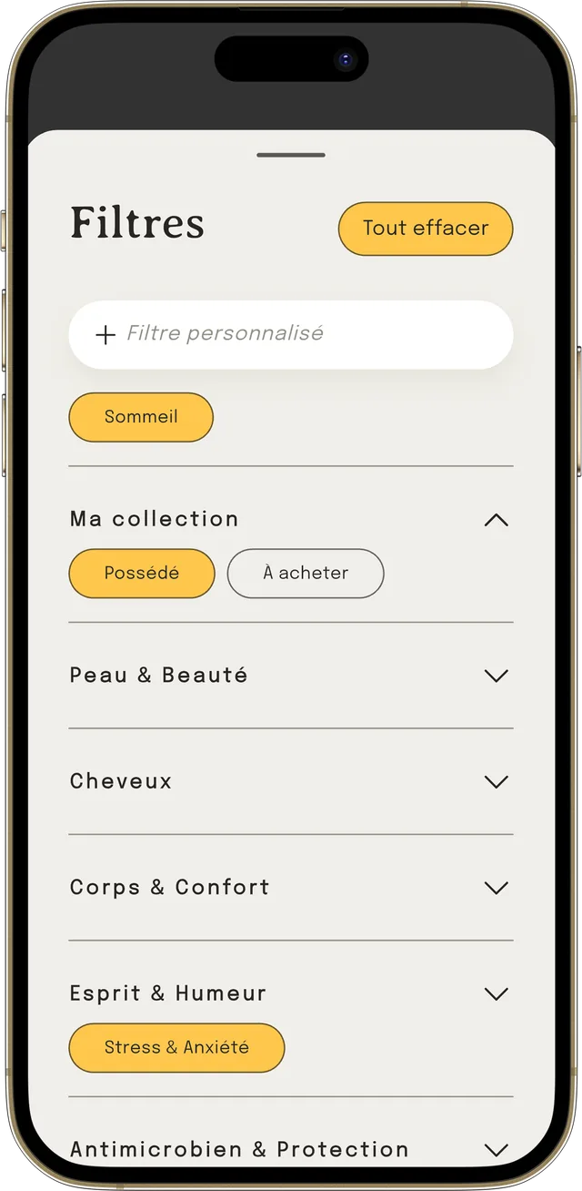 Les filtres qui affinent une recherche d’ingrédients par propriété